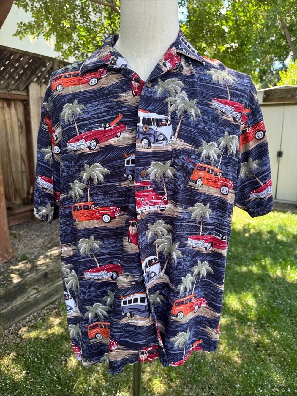 Big Dogs Hawaiian Shirt Rayon Surf Van Palm Tree Camp Button Up Men's Large